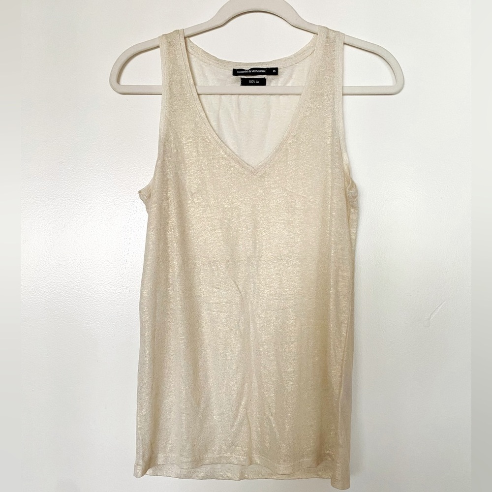Monoprix French brand V neck top 100% linen fabric